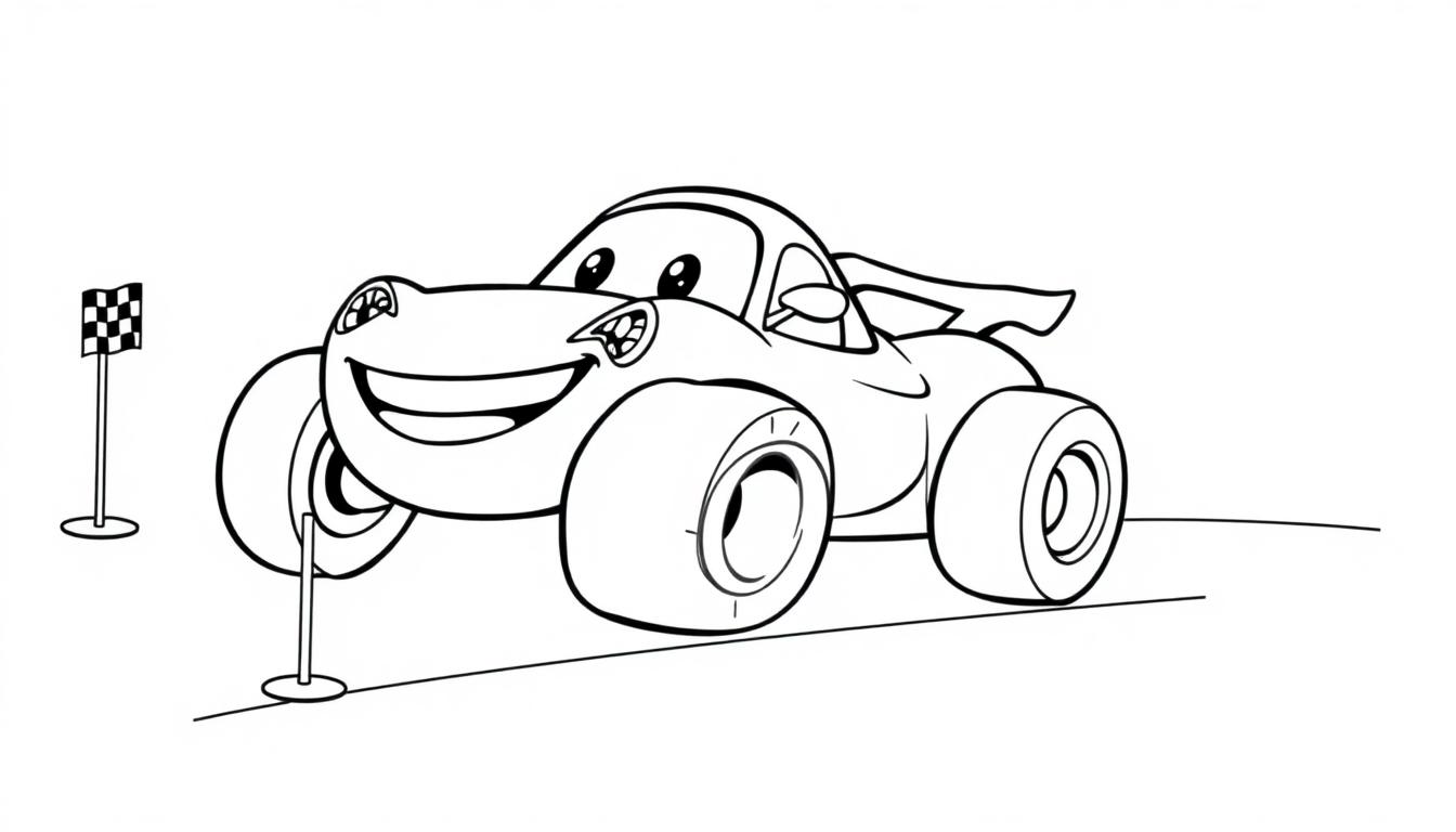Schwarz-Weiß-Farbtafel eines fröhlichen Cartoon-Rennwagens mit großen Augen und einem breiten Lächeln, der auf einer Rennstrecke vor einer Zielflagge steht.