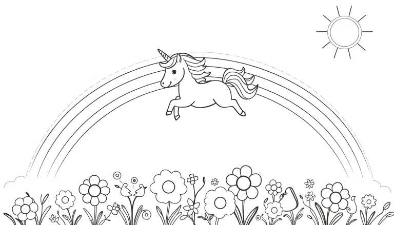 Eine Farbtafel-Ausmalseite mit einem Einhorn, das über einen Regenbogen auf einer Blumenwiese unter einer Sonne fliegt.