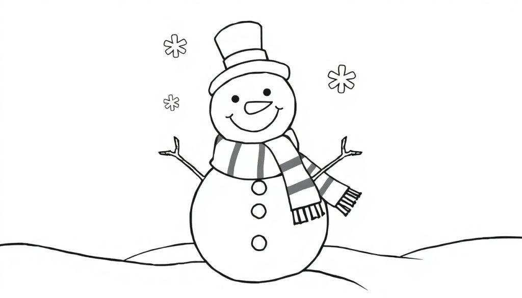 Schwarz-Weiß-Farbtafel eines lächelnden Schneemanns mit Hut und Schal in einer verschneiten Landschaft.