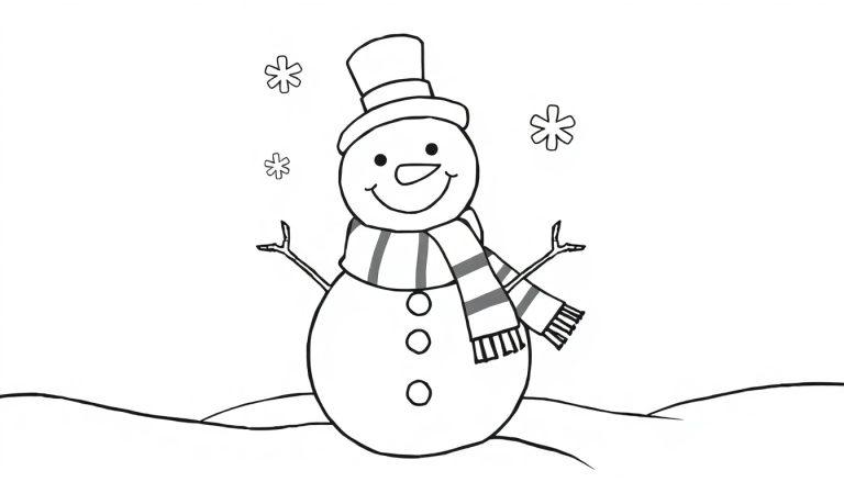 Schwarz-Weiß-Farbtafel eines lächelnden Schneemanns mit Hut und Schal in einer verschneiten Landschaft.