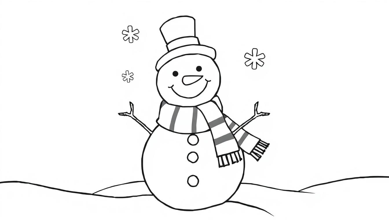 Schwarz-Weiß-Farbtafel eines lächelnden Schneemanns mit Hut und Schal in einer verschneiten Landschaft.