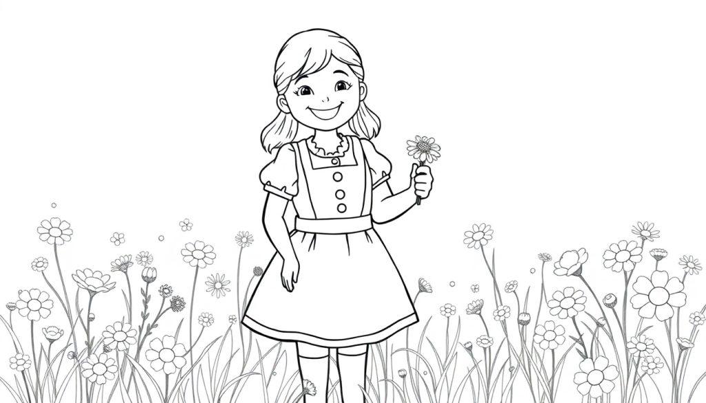 Schwarz-weiße Farbtafel: Ein fröhliches Mädchen mit kurzen Haaren und einem Dirndl steht in einem Blumenfeld.