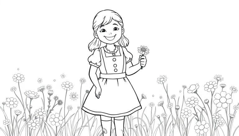 Schwarz-weiße Farbtafel: Ein fröhliches Mädchen mit kurzen Haaren und einem Dirndl steht in einem Blumenfeld.