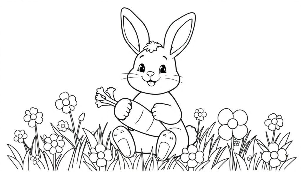Schwarz-weiße Farbtafel eines niedlichen Cartoon-Hasen, der im Gras sitzt und eine Karotte hält.