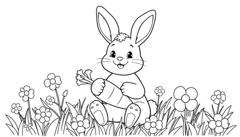 Schwarz-weiße Farbtafel eines niedlichen Cartoon-Hasen, der im Gras sitzt und eine Karotte hält.