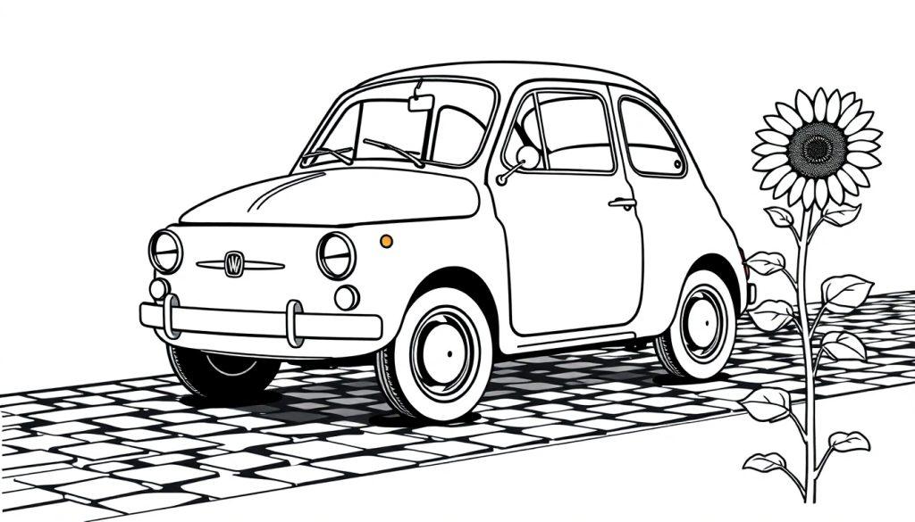 Eine Schwarz-Weiß-Farbtafel eines klassischen Fiat 500 neben einer großen Sonnenblume auf Kopfsteinpflaster.