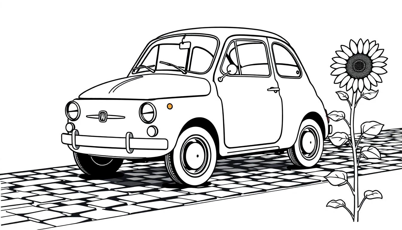 Eine Schwarz-Weiß-Farbtafel eines klassischen Fiat 500 neben einer großen Sonnenblume auf Kopfsteinpflaster.