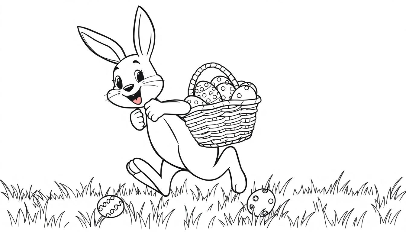 Schwarz-weiße Farbtafel eines fröhlichen Osterhasen mit einem Korb voller Ostereier.