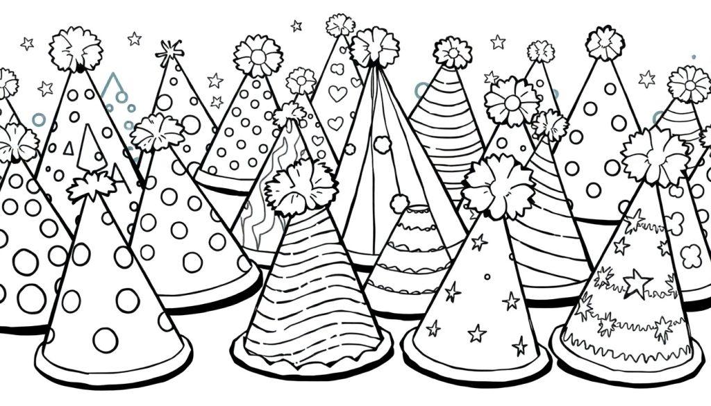 Farbtafel mit lustigen Partyhüten für Kinder zum Ausmalen.