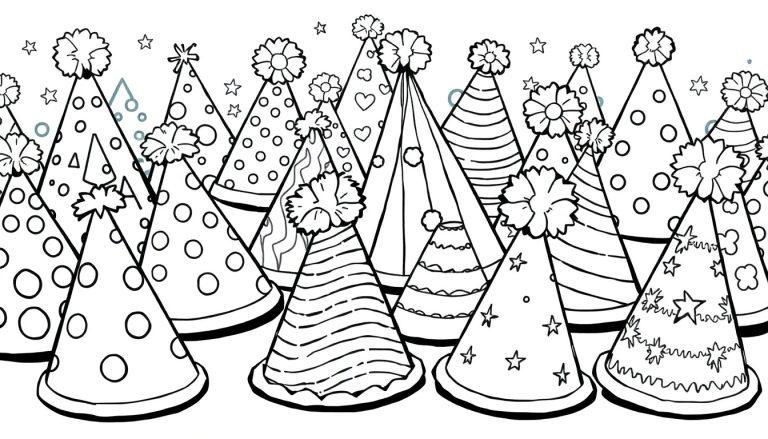 Farbtafel mit lustigen Partyhüten für Kinder zum Ausmalen.