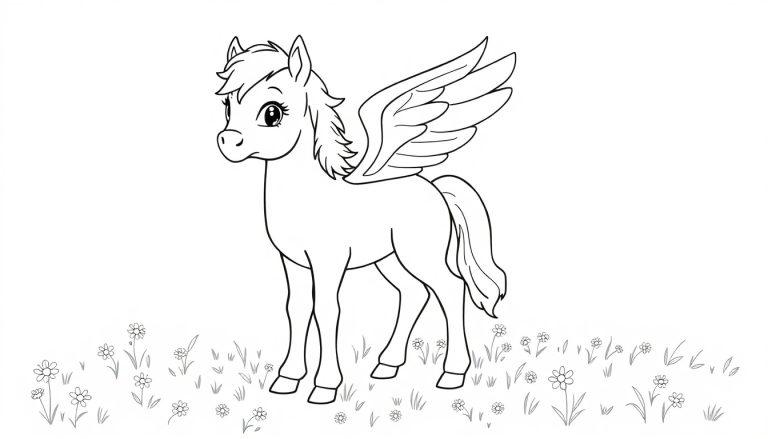 Schwarz-weiße Farbtafel eines Cartoon-Pegasus mit Gänseblümchenwiese.