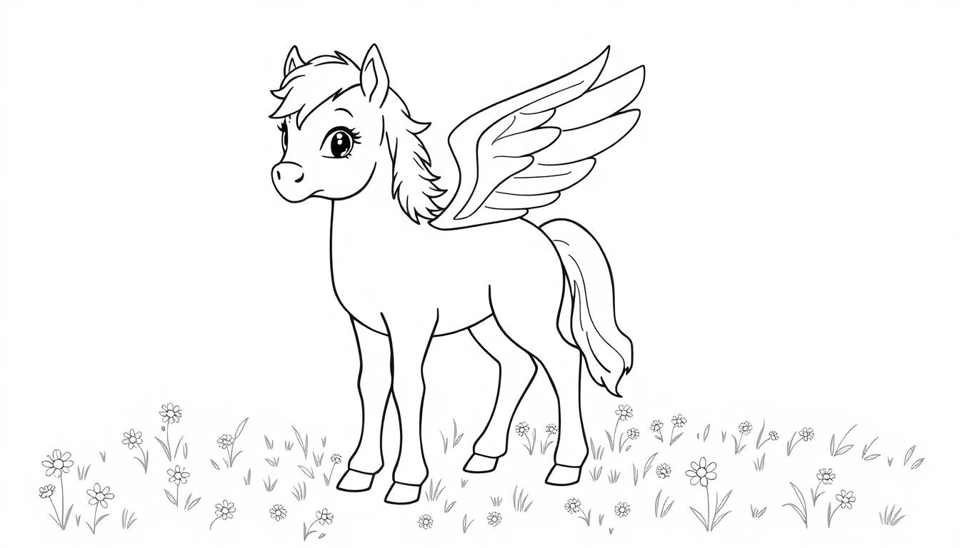 Schwarz-weiße Farbtafel eines Cartoon-Pegasus mit Gänseblümchenwiese.