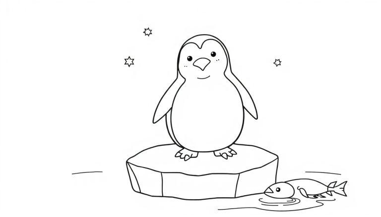 Schwarz-Weiß-Farbtafel eines niedlichen Pinguins auf Eis mit einem Fisch und Sternen.