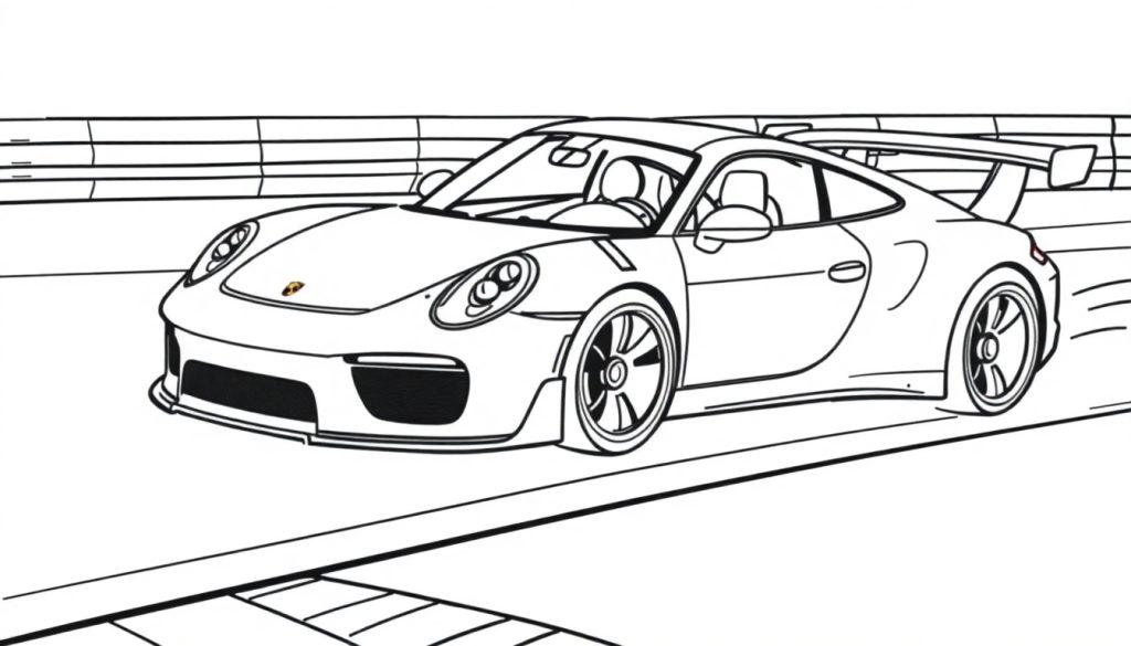 Schwarz-Weiß-Farbtafel-Zeichnung eines Porsche-Rennwagens auf einer Rennstrecke.