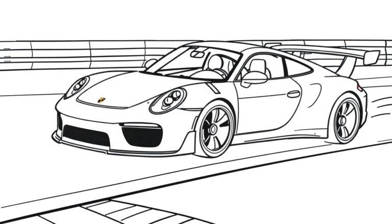 Schwarz-Weiß-Farbtafel-Zeichnung eines Porsche-Rennwagens auf einer Rennstrecke.