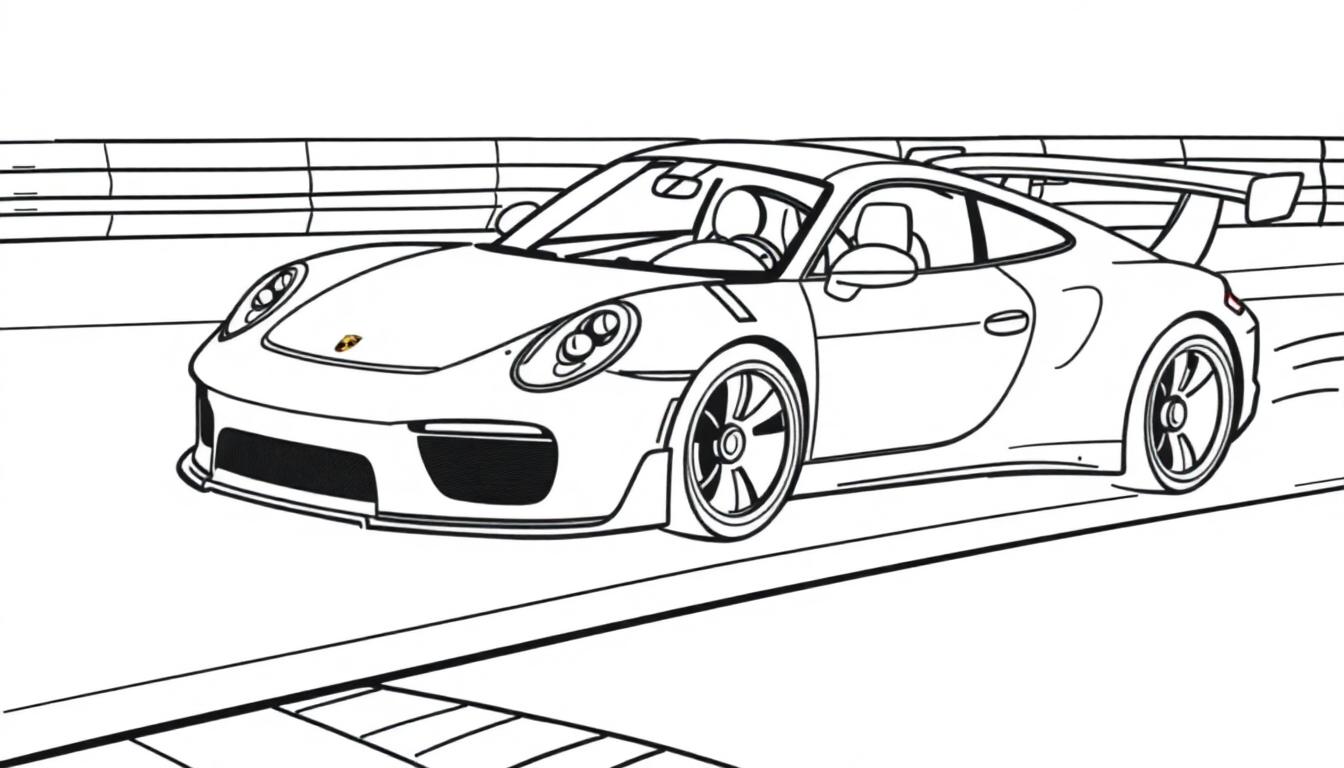 Schwarz-Weiß-Farbtafel-Zeichnung eines Porsche-Rennwagens auf einer Rennstrecke.