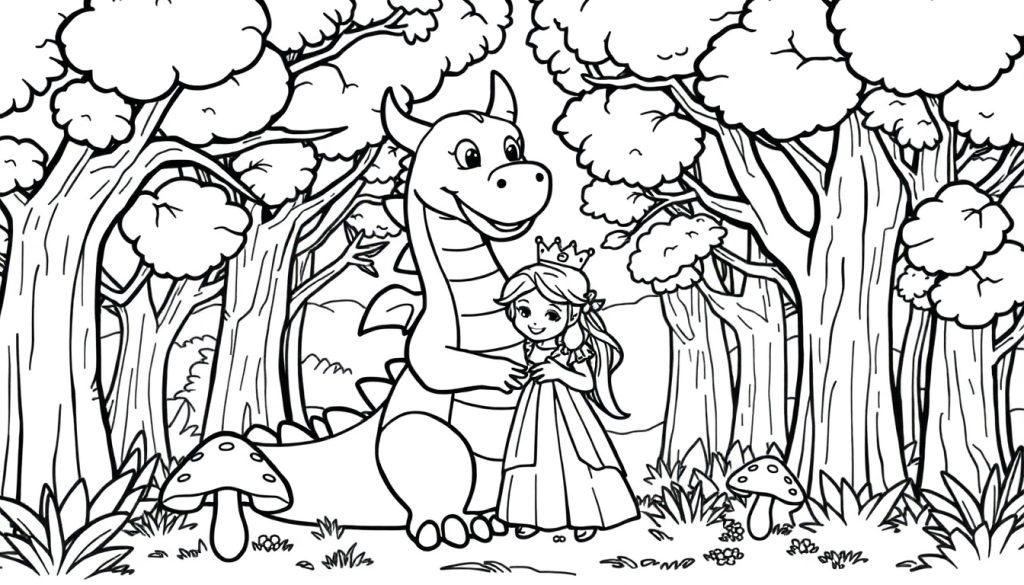 Eine kindgerechte Farbtafel: Eine Prinzessin und ein Drache umarmen sich im Wald.