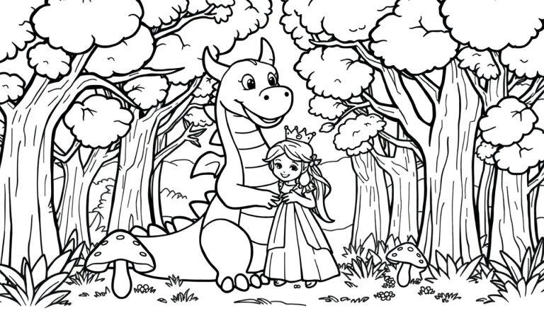 Eine kindgerechte Farbtafel: Eine Prinzessin und ein Drache umarmen sich im Wald.