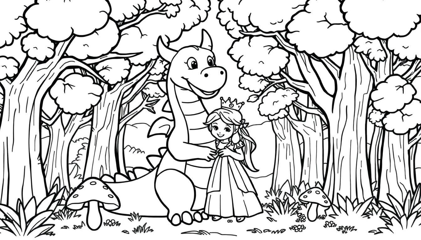 Eine kindgerechte Farbtafel: Eine Prinzessin und ein Drache umarmen sich im Wald.