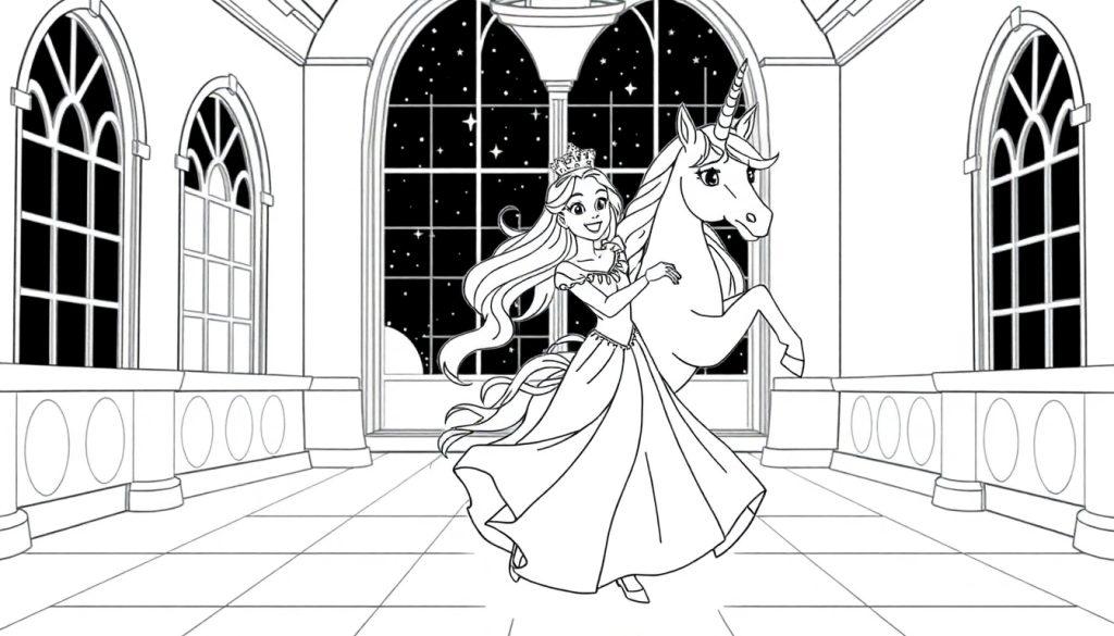 Schwarz-Weiß-Farbtafel: Prinzessin mit Krone und Einhorn im Ballsaal.
