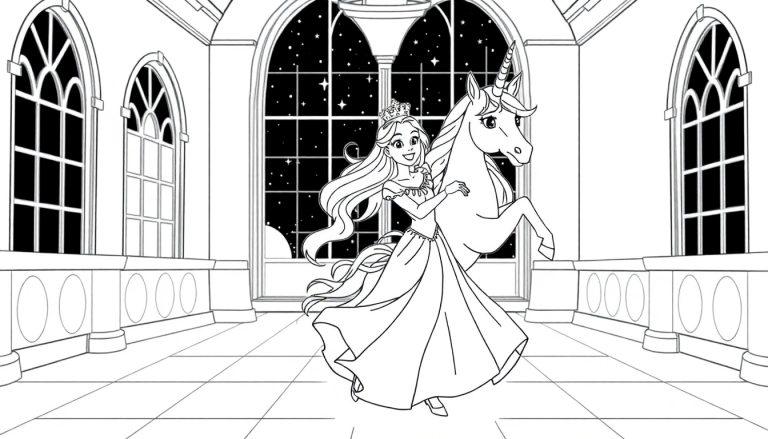 Schwarz-Weiß-Farbtafel: Prinzessin mit Krone und Einhorn im Ballsaal.