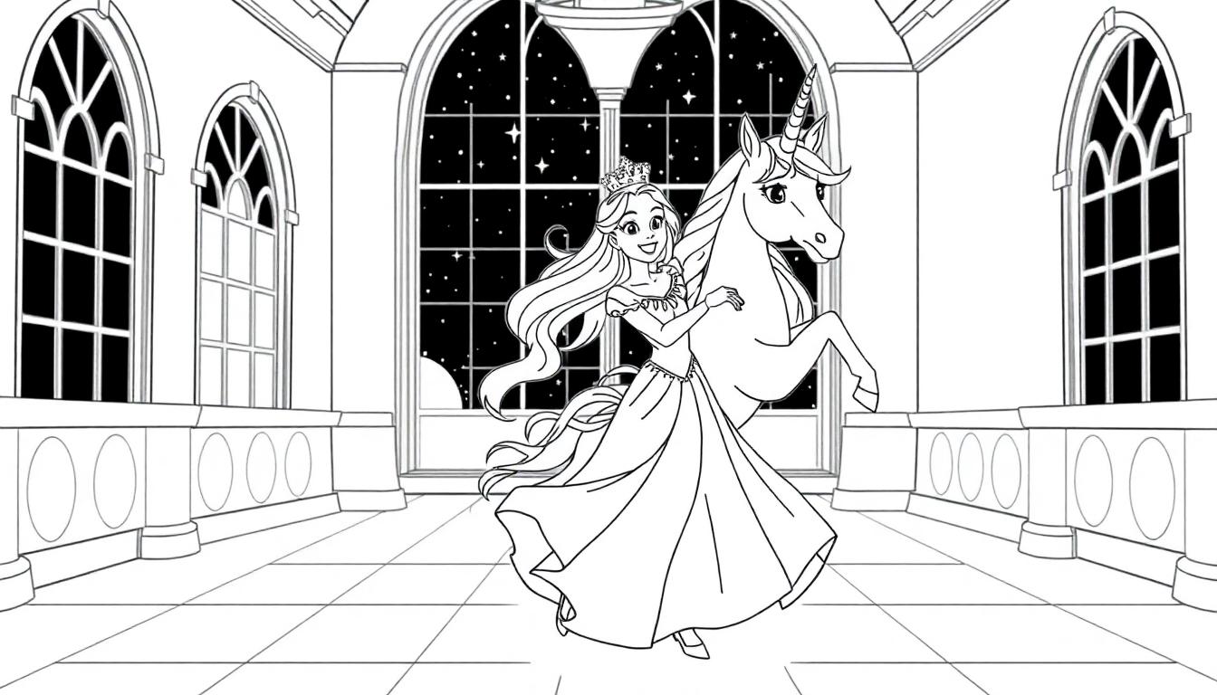 Schwarz-Weiß-Farbtafel: Prinzessin mit Krone und Einhorn im Ballsaal.