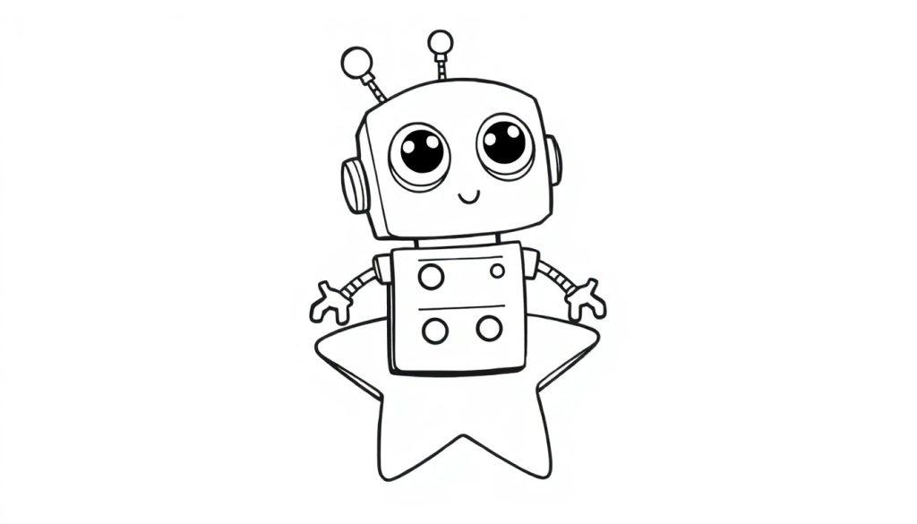 Schwarz-Weiß-Farbtafel: Ein niedlicher kleiner Roboter mit großen Augen und Antennen sitzt auf einem Stern.