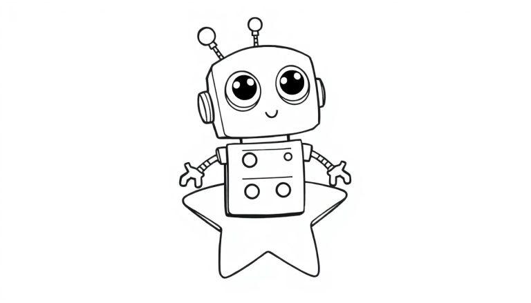 Schwarz-Weiß-Farbtafel: Ein niedlicher kleiner Roboter mit großen Augen und Antennen sitzt auf einem Stern.