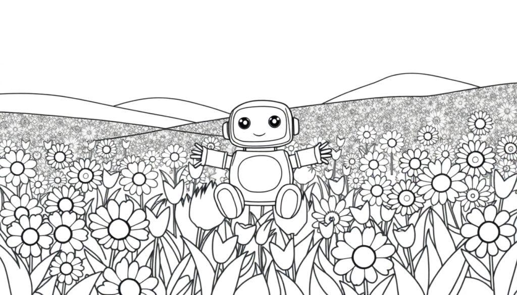 Eine Schwarz-Weiß-Farbtafel eines niedlichen Roboters in einem Blumenfeld.