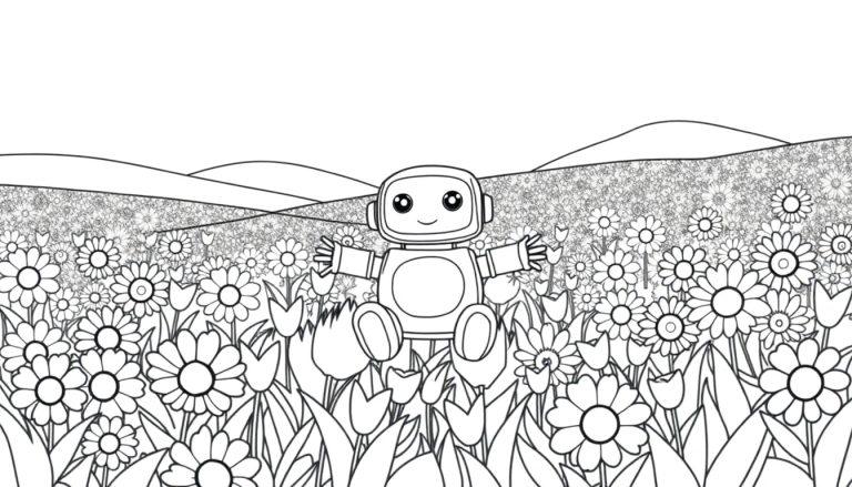 Eine Schwarz-Weiß-Farbtafel eines niedlichen Roboters in einem Blumenfeld.