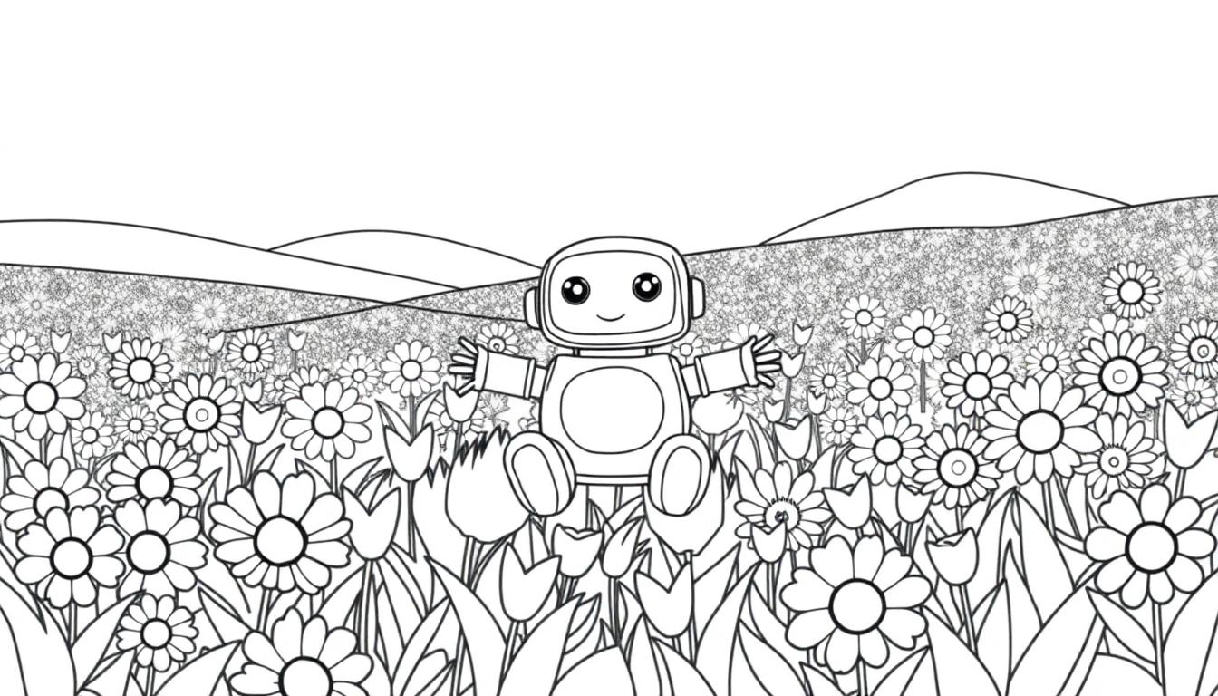 Eine Schwarz-Weiß-Farbtafel eines niedlichen Roboters in einem Blumenfeld.
