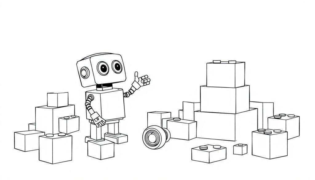 Schwarz-weiße Farbtafel: Ein kleiner Roboter mit Antennen baut mit Bauklötzen.