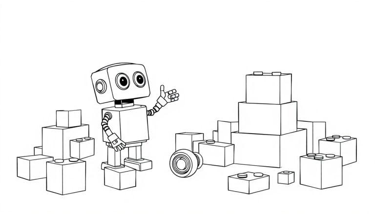 Schwarz-weiße Farbtafel: Ein kleiner Roboter mit Antennen baut mit Bauklötzen.