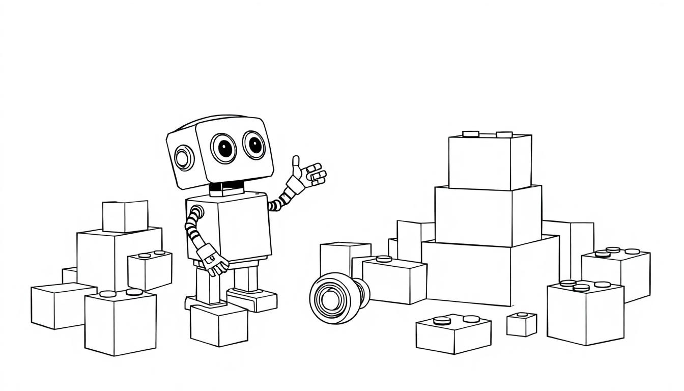 Schwarz-weiße Farbtafel: Ein kleiner Roboter mit Antennen baut mit Bauklötzen.