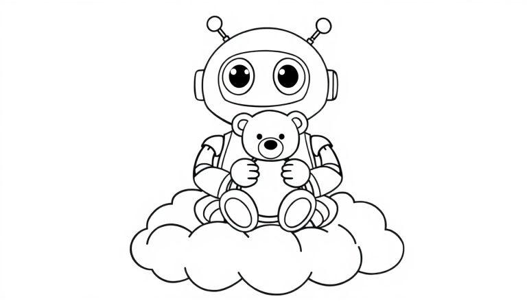 Farbtafel: Ein Roboter hält einen Teddybären auf einer Wolke.