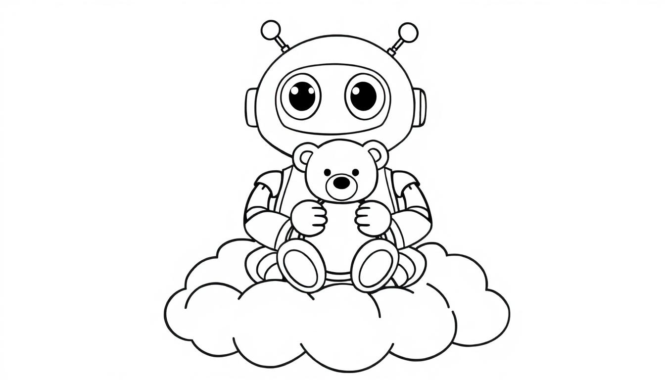 Farbtafel: Ein Roboter hält einen Teddybären auf einer Wolke.
