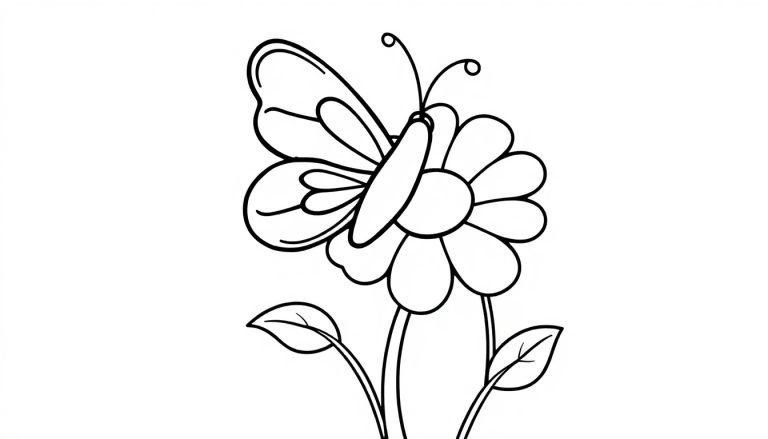 Eine niedliche Schwarzweiß-Farbtafel eines Schmetterlings auf einer Blume, bereit zum Ausmalen.