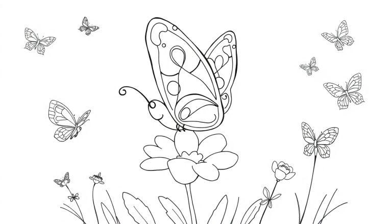 Schwarz-Weiß-Farbtafel einer Schmetterlings- und Blumenillustration mit einem großen zentralen Schmetterling.