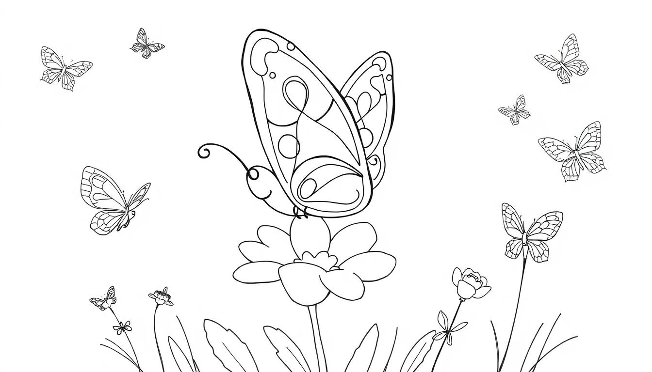 Schwarz-Weiß-Farbtafel einer Schmetterlings- und Blumenillustration mit einem großen zentralen Schmetterling.