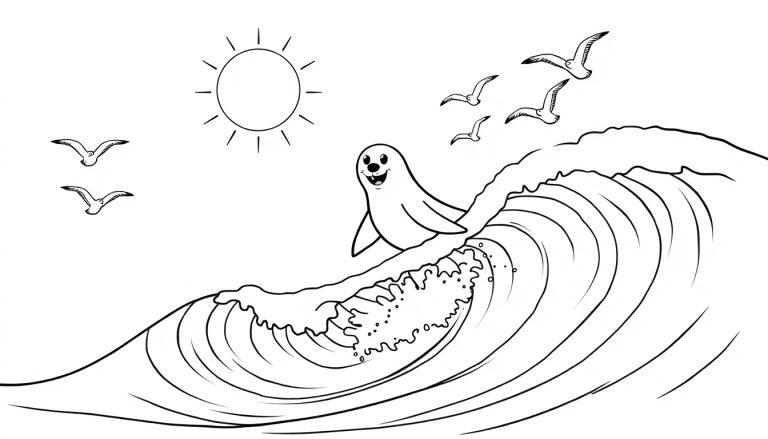 Farbtafel: Ein fröhlicher Seehund surft auf einer Welle.