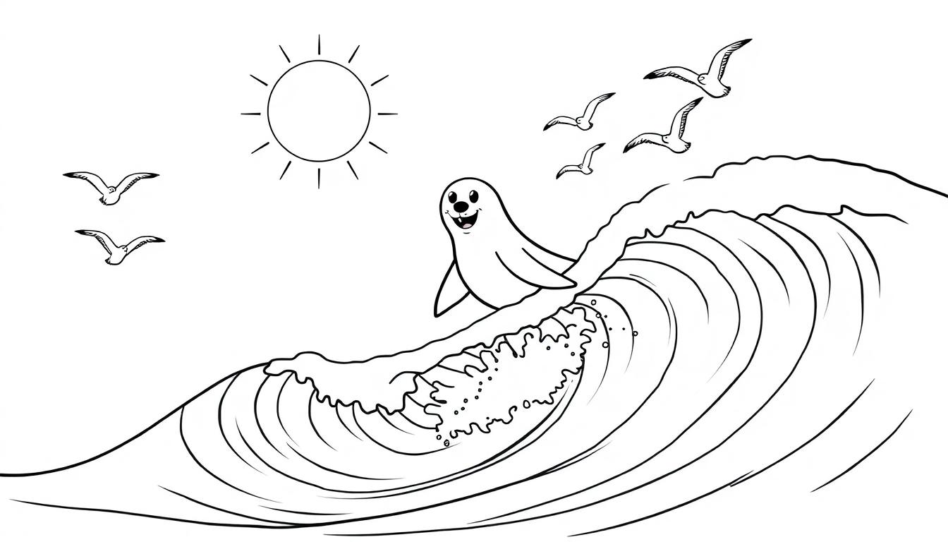Farbtafel: Ein fröhlicher Seehund surft auf einer Welle.
