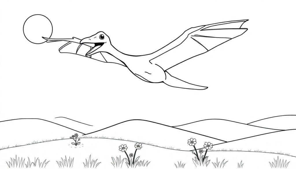 Schwarz-Weiß-Farbtafel eines freundlichen Pteranodon, der mit der Sonne im Schnabel über eine hügelige Landschaft fliegt.