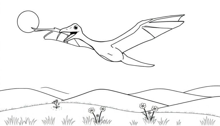 Schwarz-Weiß-Farbtafel eines freundlichen Pteranodon, der mit der Sonne im Schnabel über eine hügelige Landschaft fliegt.