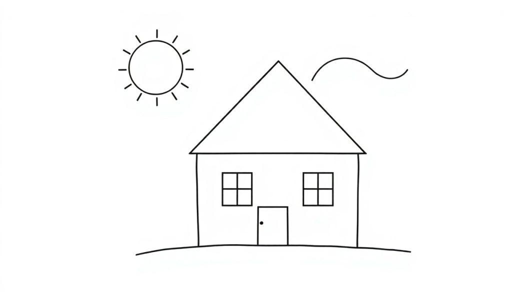 Eine einfache Farbtafel-Strichzeichnung eines Hauses mit einem dreieckigen Dach, zwei Fenstern und einer Tür. Eine Sonne und eine Wolke sind ebenfalls zu sehen.