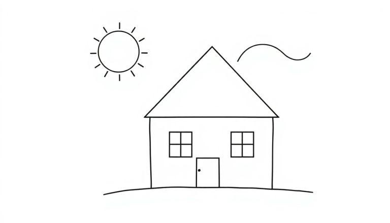 Eine einfache Farbtafel-Strichzeichnung eines Hauses mit einem dreieckigen Dach, zwei Fenstern und einer Tür. Eine Sonne und eine Wolke sind ebenfalls zu sehen.
