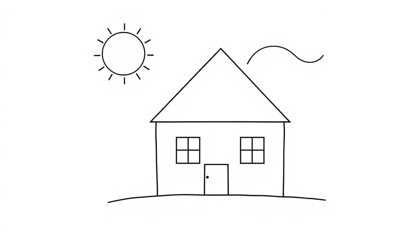 Eine einfache Farbtafel-Strichzeichnung eines Hauses mit einem dreieckigen Dach, zwei Fenstern und einer Tür. Eine Sonne und eine Wolke sind ebenfalls zu sehen.