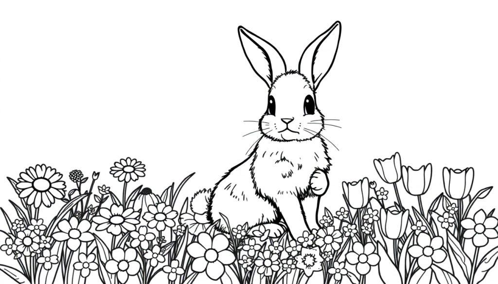 Schwarz-weiße Farbtafel-Illustration eines niedlichen Hasen, der in einer Blumenwiese sitzt.