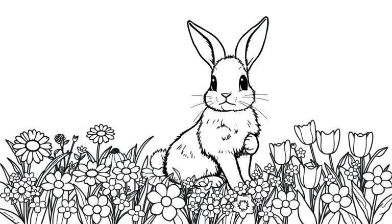 Schwarz-weiße Farbtafel-Illustration eines niedlichen Hasen, der in einer Blumenwiese sitzt.