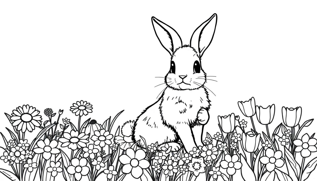 Schwarz-weiße Farbtafel-Illustration eines niedlichen Hasen, der in einer Blumenwiese sitzt.