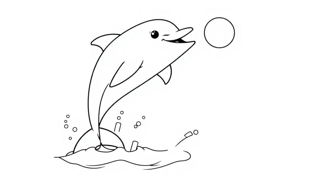 Eine Schwarz-Weiß-Farbtafel eines fröhlichen Delfins, der aus dem Wasser springt, um einen Ball zu fangen.